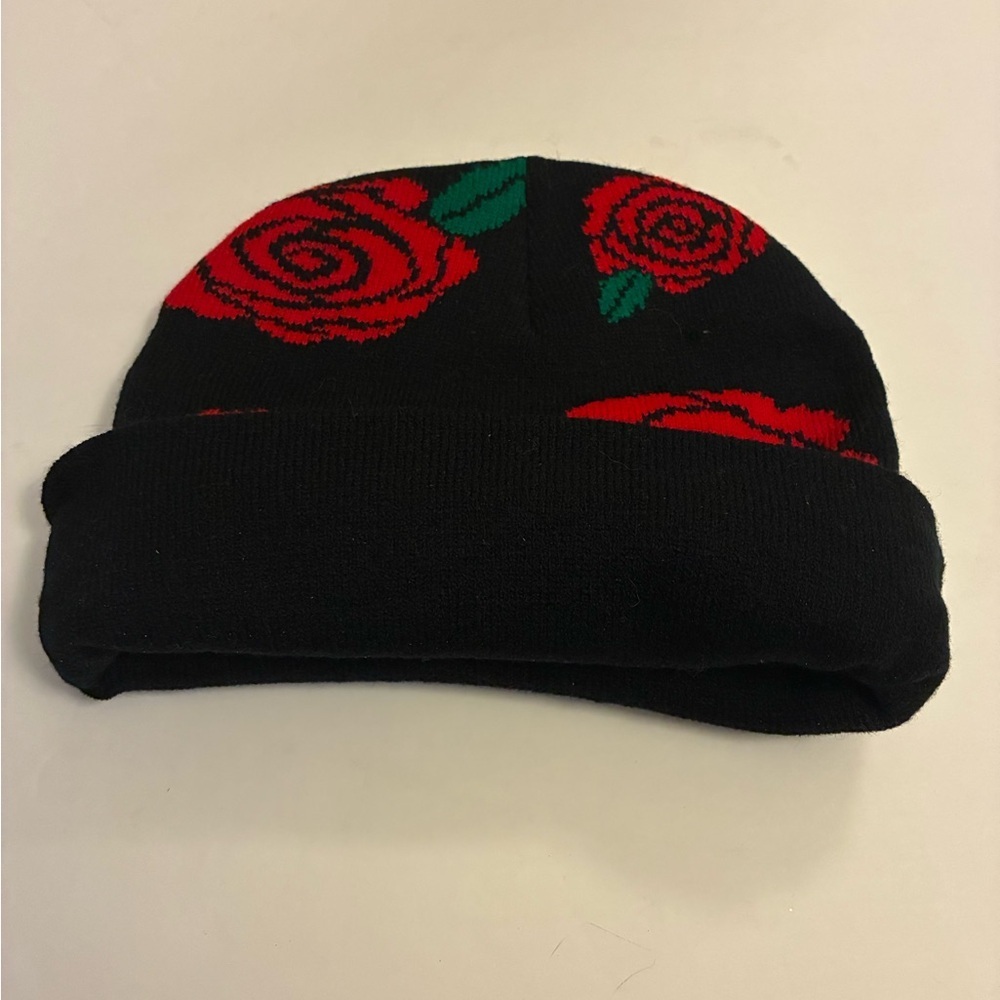 Black Beanie with Red Rose Design - Picture 3 of 4